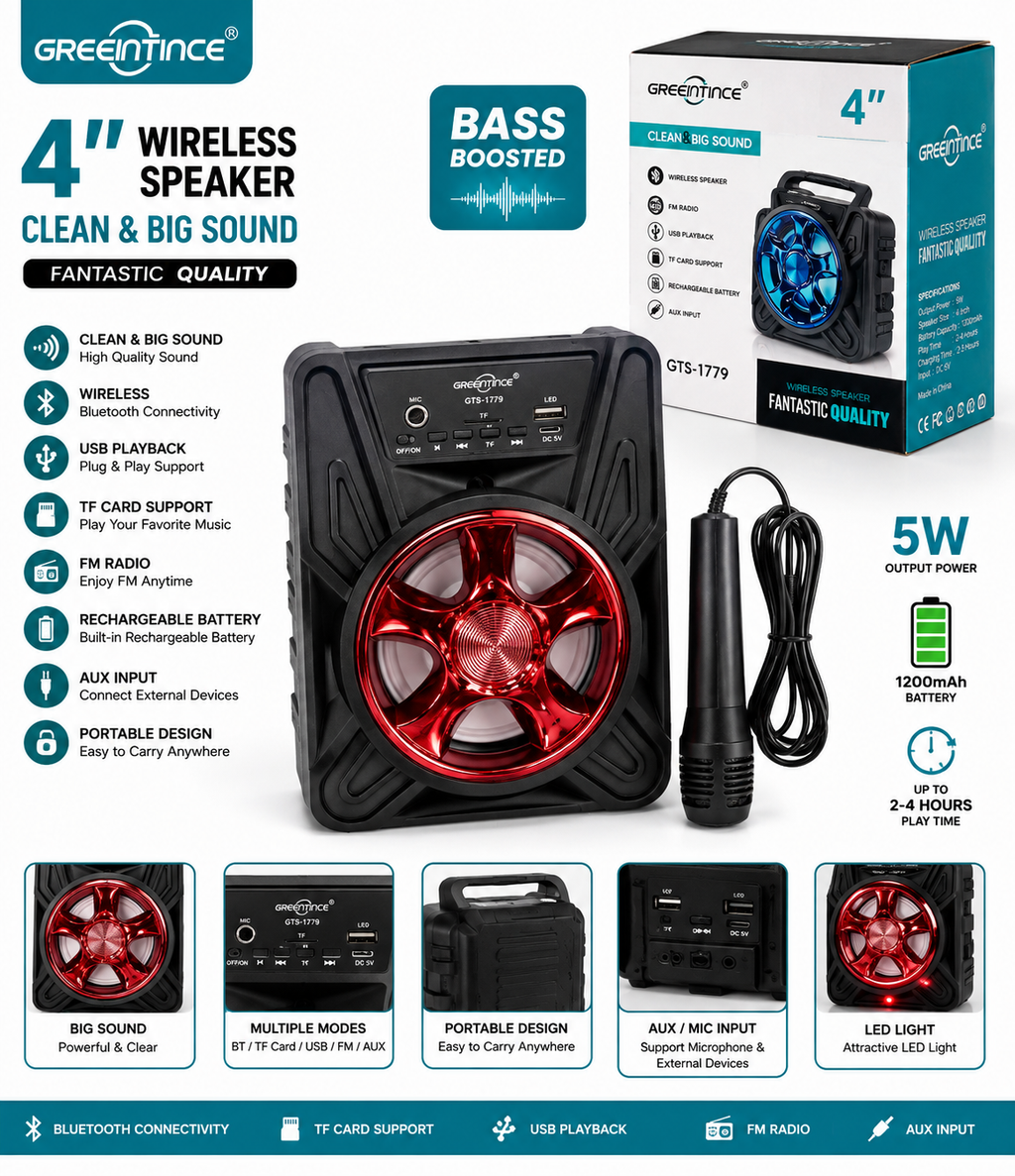 Greeintince GTS-1779 4" Wireless Speaker with Wired Microphone
