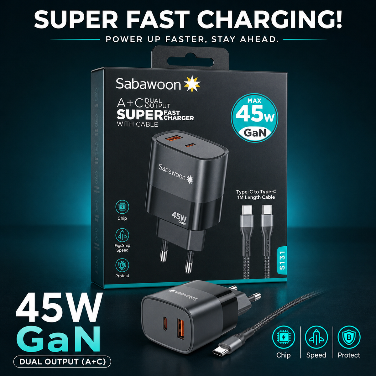 Sabawoon S131 45W GaN Super Fast Charger with Cable